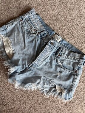 We The Free Light Blue Distressed Denim Shorts